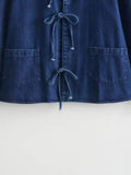 Solid Color Denim Shirt With Lapel Bow