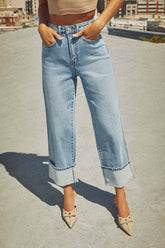 Cwjp0583_Rolled Hem High Waist Straight Leg Jeans