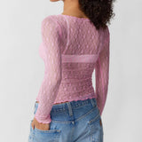 SEMI SHEER MESH LACE T SHIRT SLIM FIT CROPPED TOP_CWTBLL2661