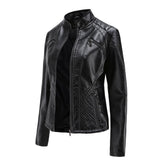 Womens Leather Stand-Up Collar Jacket