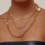 STAINLESS STEEL SMALL PEARL THREE LAYER NECKLACE_CWMM3581