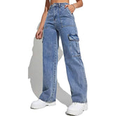 Womens Cargo Multi-Bag Straight-Leg Denim Pants