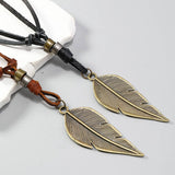 Vintage Leaf Pendant Cowhide Necklace_Cwmm4617