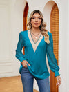 Cwtbll2401_V-Neck Lace Stitching Long-Sleeved Casual Top