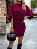 Solid Color Knitted Long-Sleeved Short Dress