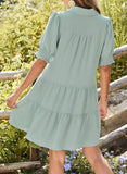 Womens V-Neck Colorblock Puff Sleeve Dress