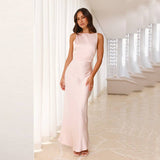 Solid Satin Sexy Backless Long Halter Gown Dress