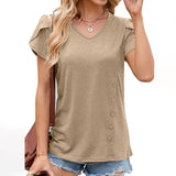 V Neck Button Petals Sleeve Short Sleeve Shirt_Cwtsts0150