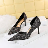 POINTED TOE HOLLOW SPARKLING SEQUIN HIGH HEELS_CWSHH0069