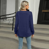 Solid Color U-Neck Pleated Long Sleeve T-Shirt