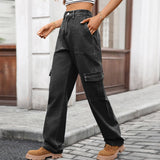 Washed Semi-Elastic Waist Denim Workwear Trousers