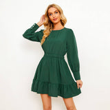 Solid Color Pinched Waist Long Sleeve Dress