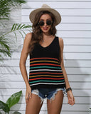U-Neck Colored Striped Knitted I-Shaped Vest