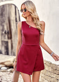 Solid Color One-Shoulder Romper Shorts