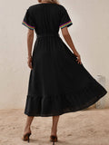 V-Neck Short Sleeve Lace-Up Mid-Length Dress