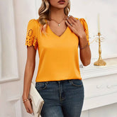 Solid Color V-Neck Burn Out Blouse