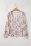 U-Neck Floral Print Pleated Long-Sleeved Top