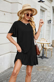 Solid Color Crew Neck Short Sleeve Pleated Dress