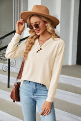 Solid Color V-Neck Button Long-Sleeved T-Shirt