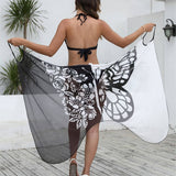 BLACK WHITE BUTTERFLY MESH SLING BEACH CAPE_CWBLS0494