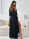 V-Neck Slit Shoulder Sleeves Sexy Halter Dress