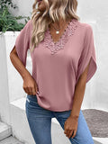 Solid Lace V-Neck Flared Sleeves Loose Blouse