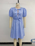 Vintage Striped Crew Neck With Bow Lace-Up Dress