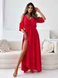 V-Neck Slit Shoulder Sleeves Sexy Halter Dress