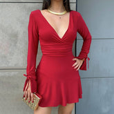 Solid Color Deep V Drawstring Pleated Dress
