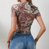 FLORAL PRINT MESH TOP WITH RUFFLE DETAILING_CWTBLS1510