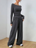 Solid-Color Long-Sleeved Wide-Leg Long Pants Set