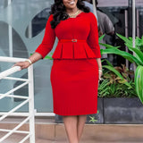 V-Neck Ruffled High Waist Slim Commuter Dress