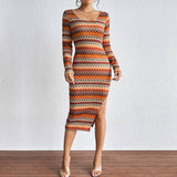 Stylish Wavy Color Striped Slim Longsleeved Dress