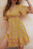 V-Neck Waist Floral Print Short Dress