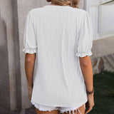 Solid Color V Neck Ear Of Wheat Short Sleeved Top_Cwtts0898