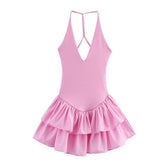 SOLID COLOR V NECK HALTER PATCHWORK DRESS_CWDHL0984