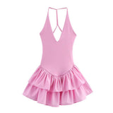 SOLID COLOR V NECK HALTER PATCHWORK DRESS_CWDHL0984