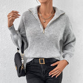 Solid Color Loose Casual Polo Neck Zip-Up Sweater