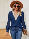 Cwtbll2401_V-Neck Lace Stitching Long-Sleeved Casual Top