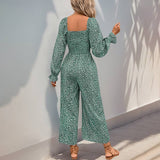 Square Neck Long Sleeve Floral Jumpsuit