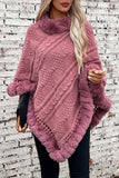 Cwosws0093_Faux Rabbit Fur Collar Cable Sweater Cape Coat