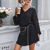 V-Neck Skirt Fluoroscopy Long-Sleeved Dress