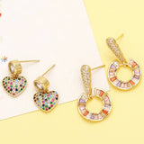 COLORED ZIRCON HEART RETRO ROUND EARRINGS_CWAJE1005