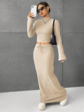 Solid Color Long Sleeve Top Long Skirt Set