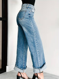 Straight-Leg Wide-Leg Rolled-Up Denim Trousers