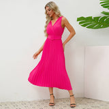 V-Neck Pleated Belted Bodycon Midi Dress