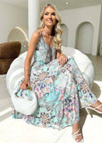 V-Neck Ethnic Print Halter Long Dress