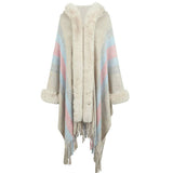 Womens Hooded Cape Striped Knitted Fringe Shawl