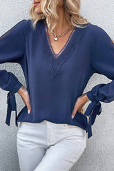 Women Guipure Lace Trim V Neck Tied Cuff Blouse_Cwtstl0332