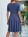 Solid Color V-Neck Short-Sleeved Pleated Dress